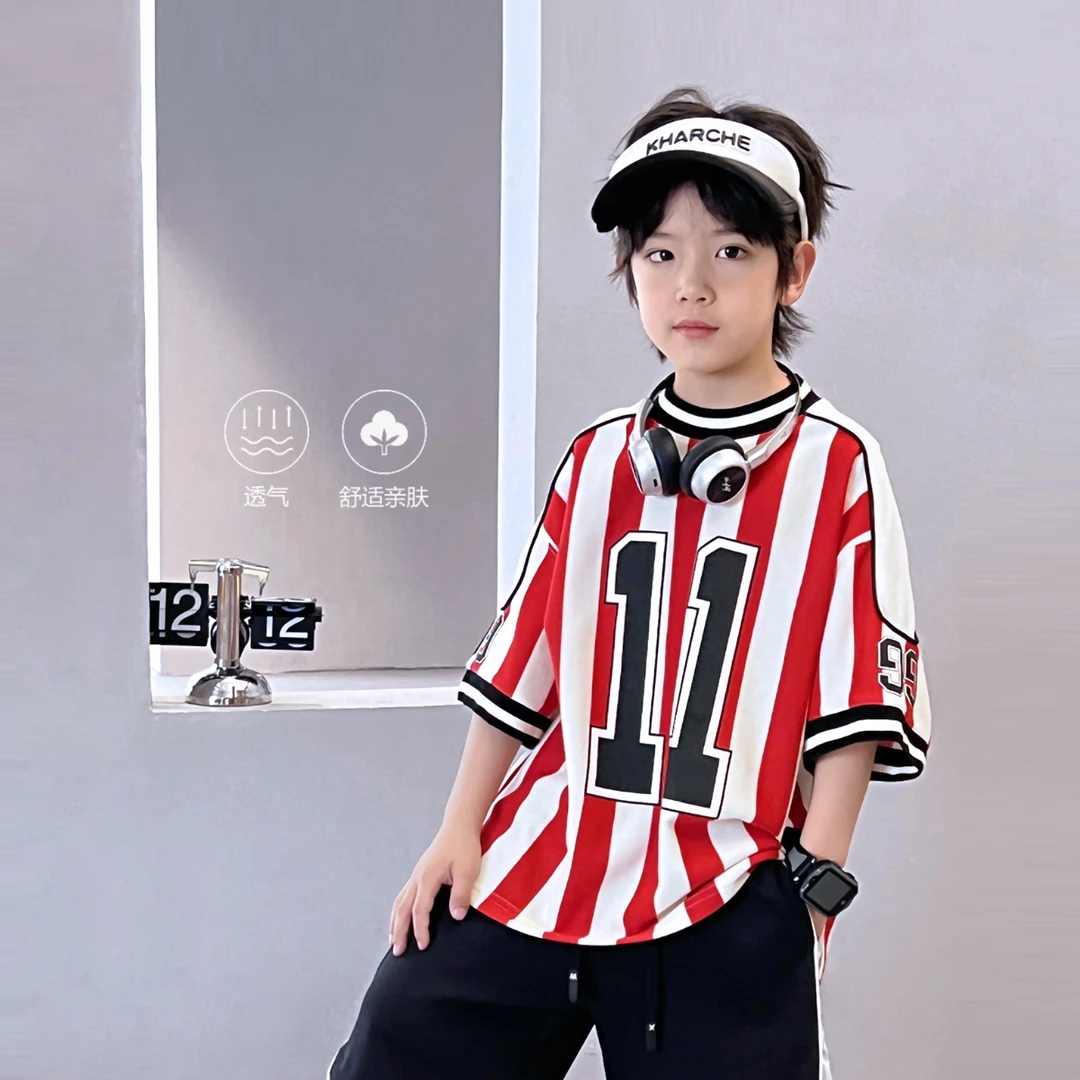 潮牌短袖美式街头T恤儿童炸街宽松中大童上衣运动球衣5058236O9