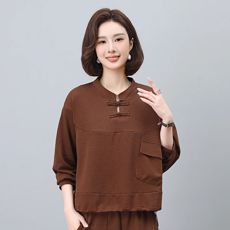 轻中式国风圆领长袖卫衣女2025年秋季新款时尚中年妈妈休闲上衣女