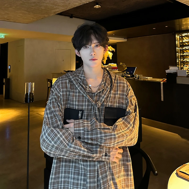 纯棉撞色格子连帽衬衫男春秋美式复古痞帅长袖衬衣高级感休闲外套