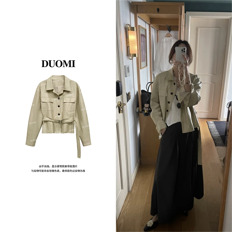 【DUOMI】秋新款女装百搭时尚设计感单排扣短款宽松皮衣外套Q61056