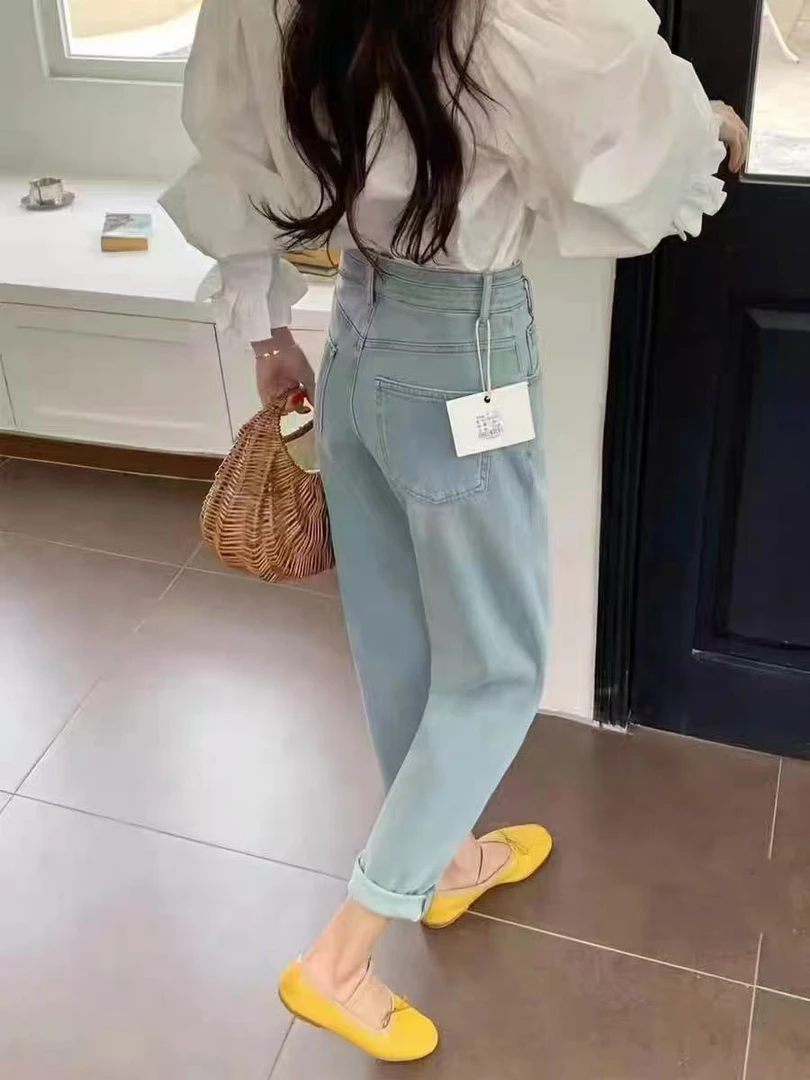 Ma牛仔裤女秋冬季新款高腰加绒弹力老爹哈伦裤92516