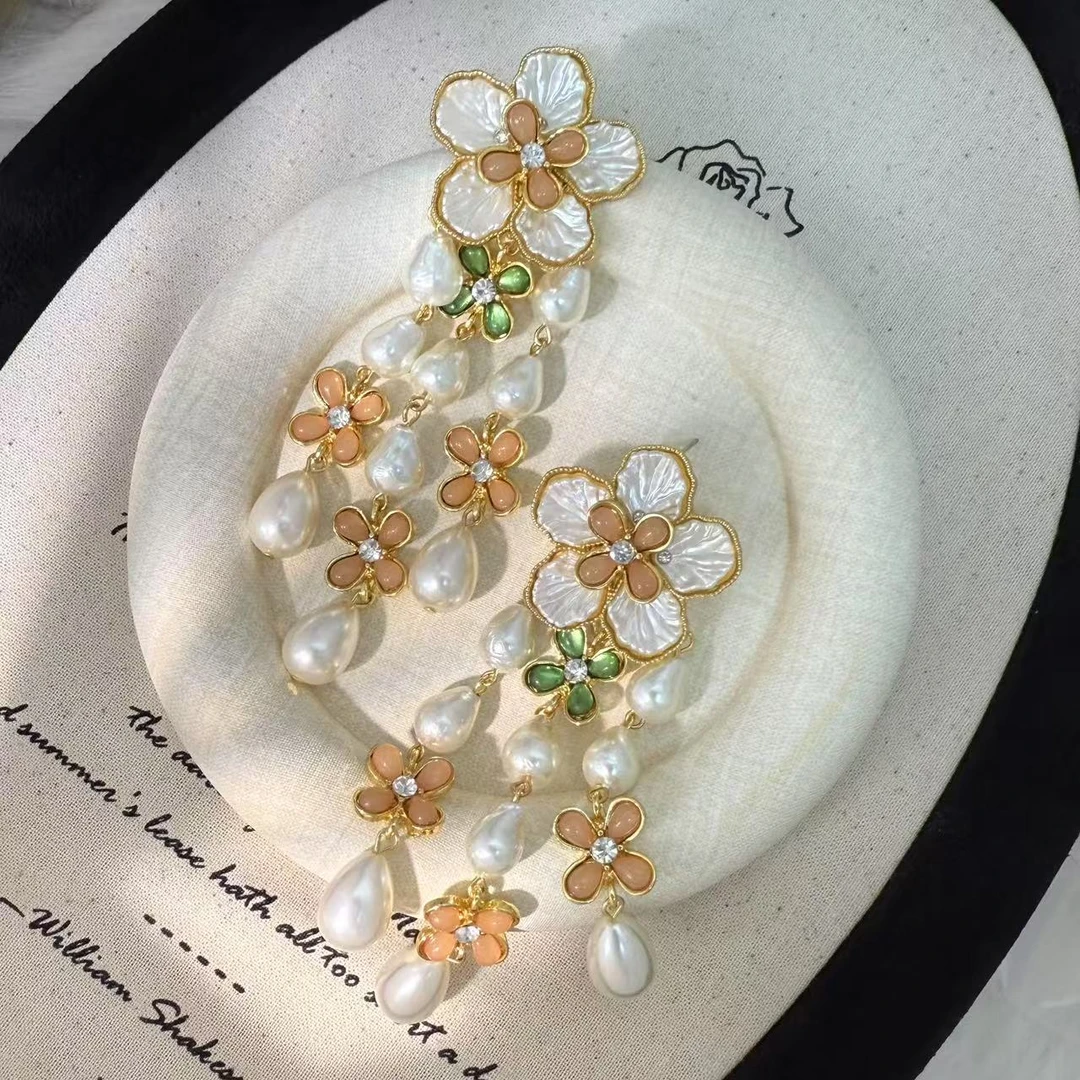 合金仿珍珠耳饰 远远（YY110）轻奢耳钉彩色清新宫廷风植物花卉