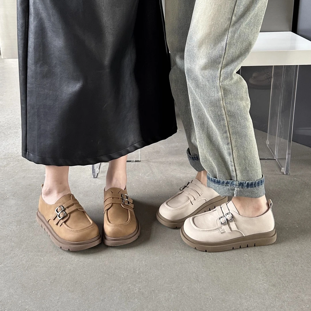 百搭真皮乐福鞋女2025春季新款双皮带扣白色皮鞋复古软皮单鞋4061
