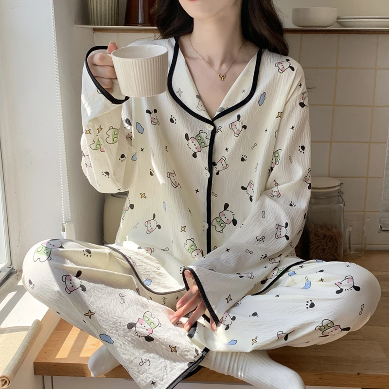 秋季薄款2025款云朵棉长袖睡衣女宽松舒适开衫印花可爱卡通家居服