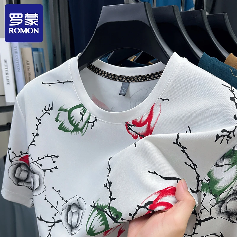 Romon/罗蒙夏季冰丝无痕短袖t恤男士圆领印花时尚潮流休闲男装T恤