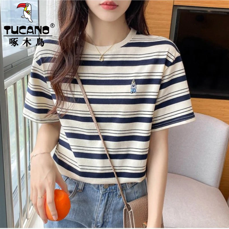 啄木鸟条纹短袖t恤女2025夏季新款韩版显瘦刺绣时尚休闲圆领上衣