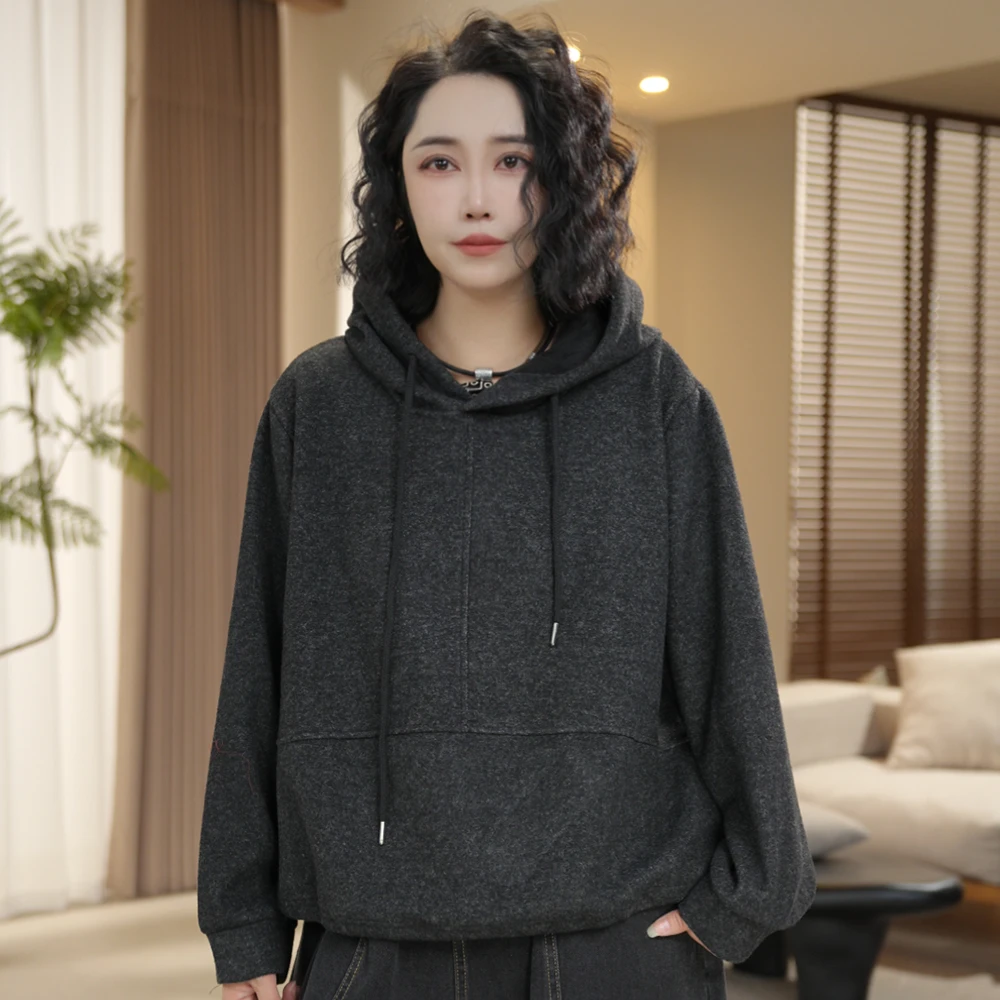 W48 冬季加厚卫衣休闲女装时尚百搭宽松休闲纯色连帽卫衣