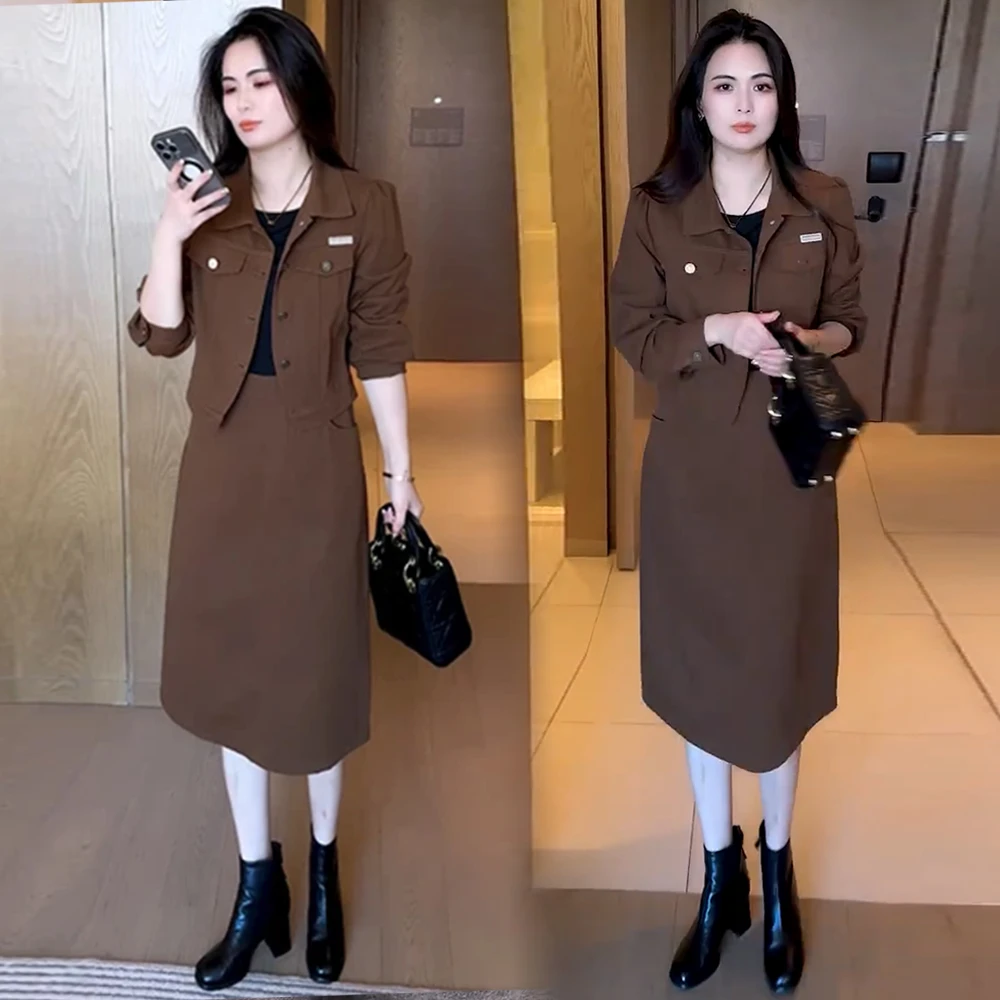 时尚牛仔套装裙女2025秋季新款洋气显瘦长袖拼接外套半身裙两件套