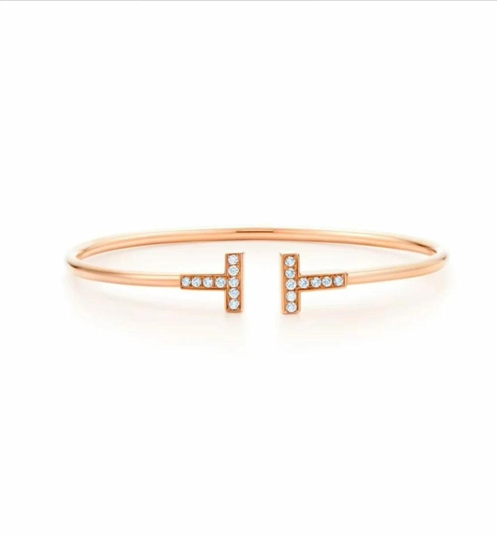 纯金【全新未使用】女欧美双T简约带钻满钻素款首饰镶嵌窄版