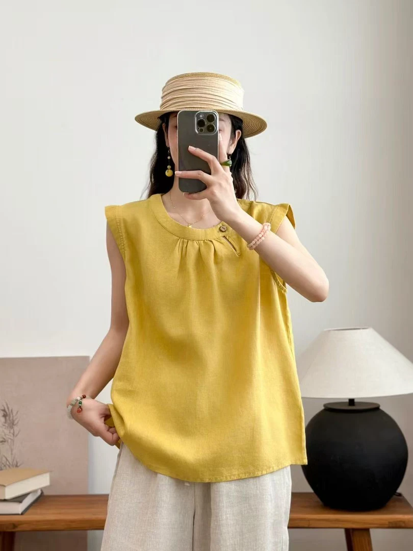 2025新款亚麻无袖衬衫女宽松显瘦百搭上衣