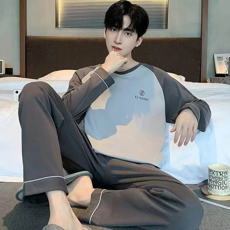 纯棉男士睡衣春秋季长袖长裤圆领套头简约大码薄款舒适家居服套装