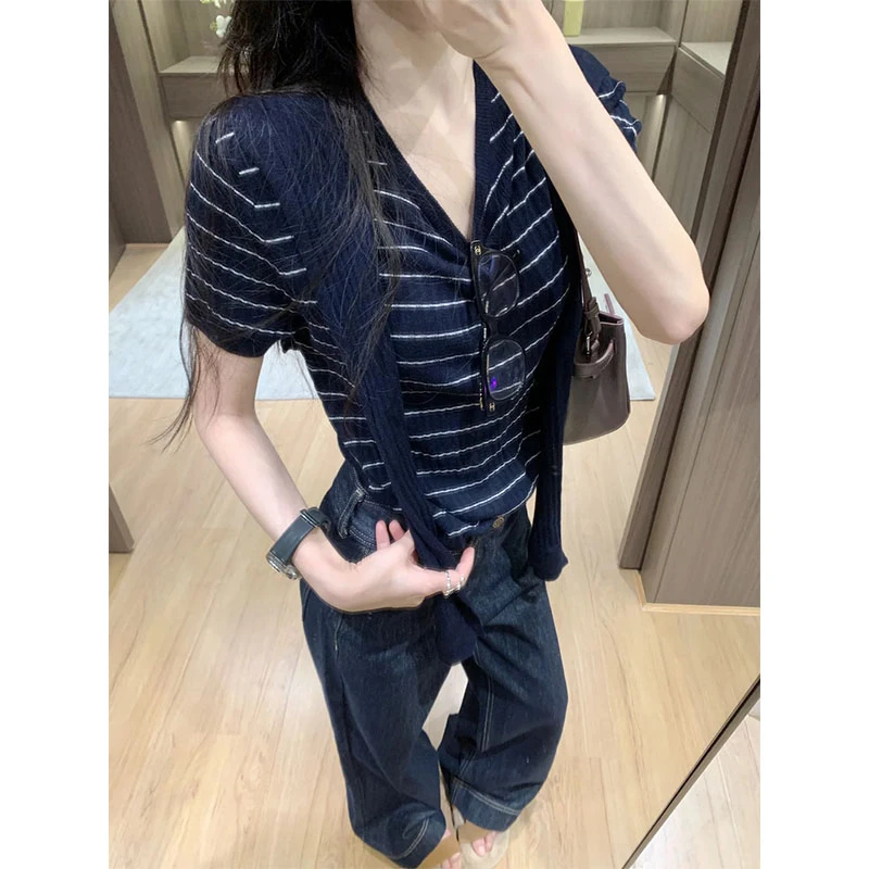 韩版休闲通勤穿搭复古撞色条纹短袖T恤高腰休闲垂感牛仔裤两件套