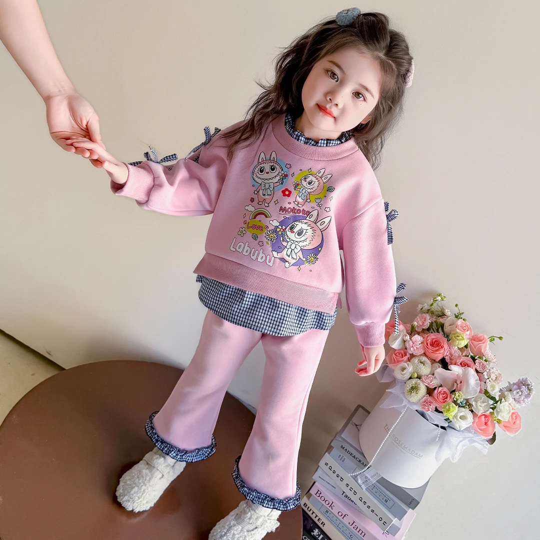 女童加绒套装秋冬季2025新儿童卡通加厚卫衣洋气女宝拉布布两件套