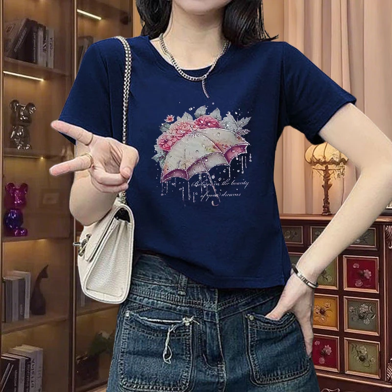 高腰休闲印花小众圆领薄款2025夏季小个子100%纯棉短款女士T恤衫