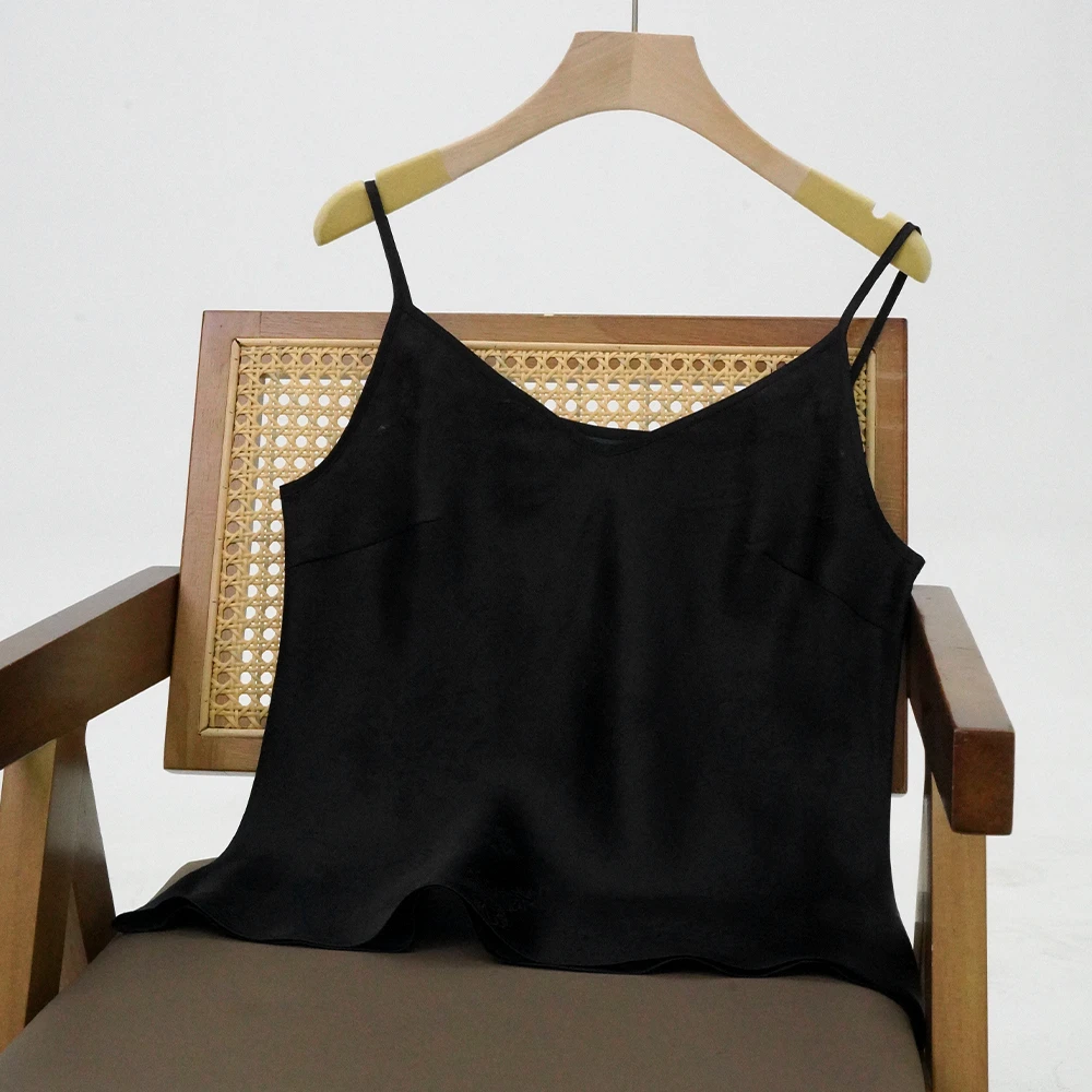 桑蚕丝香云纱斜裁吊带花罗简约纯色夏季无袖打底 LW 825092 黑色