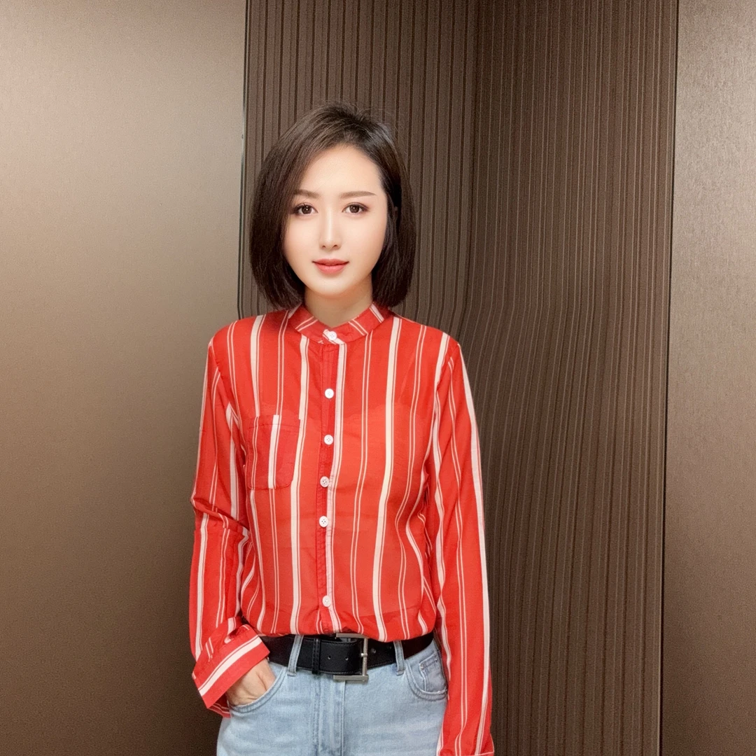 新款立领设计显瘦休闲气质条衬衣Y8123-1