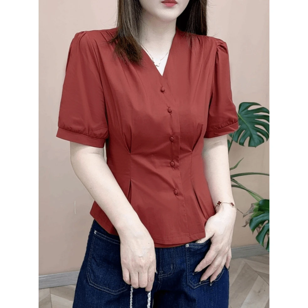 2025新款妈妈装夏季新款短袖衬衫女设计感褶皱收腰显瘦气质上衣含