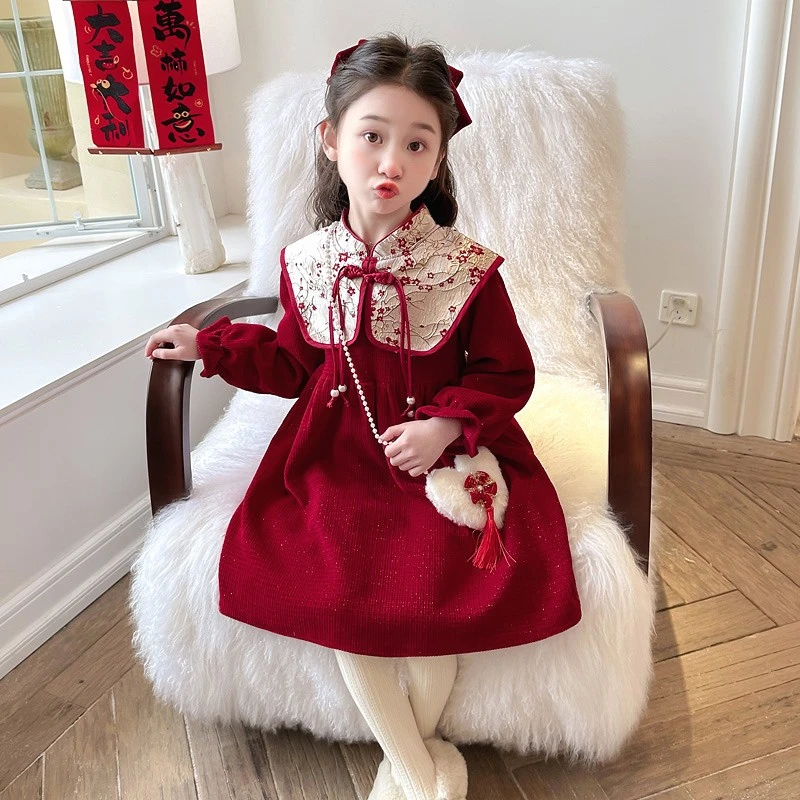 巴拉开门红女童拜年服裙子2026新款女宝宝喜庆红色公主裙冬装加绒