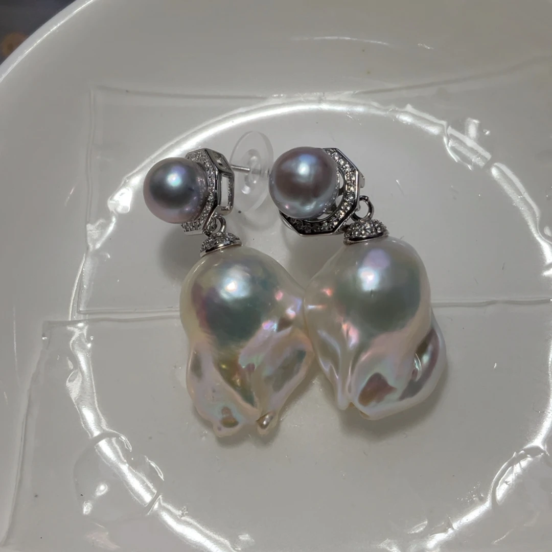 夜***灵银S925镶嵌耳饰淡水珍珠