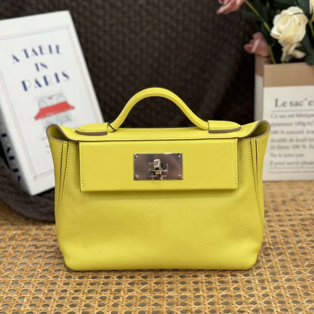 99新 Hermes/爱马仕 mini 2424 柠檬黄 u刻 银扣