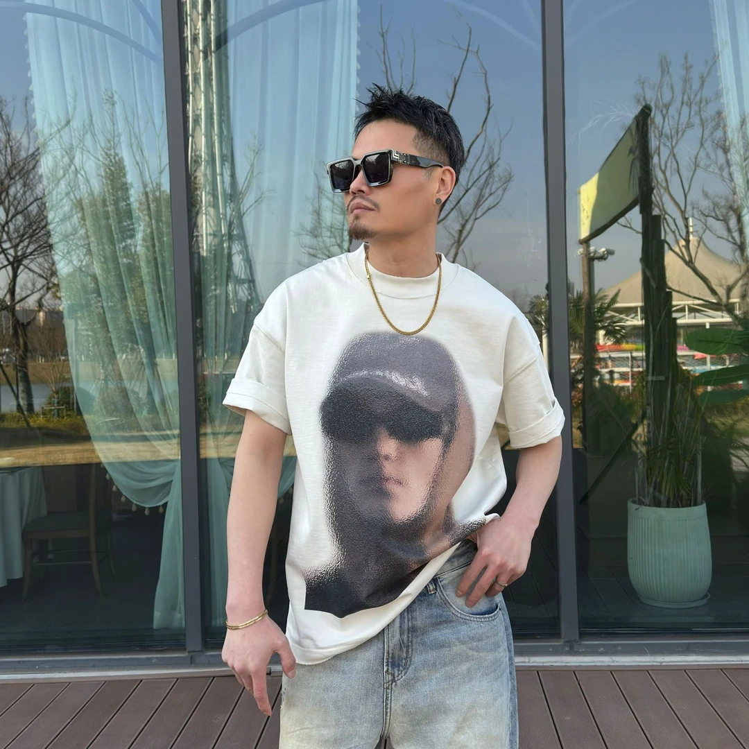 创恒（马赛克）2025夏季新款美式休闲高克重磅3D喷印时尚短袖T恤