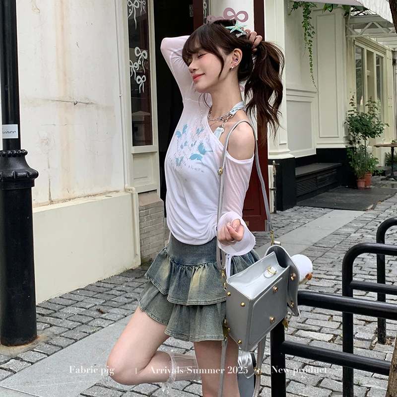 露水薄荷 织物猪原创 甜欲风挂脖吊带一字肩上衣女夏牛仔短裙三件