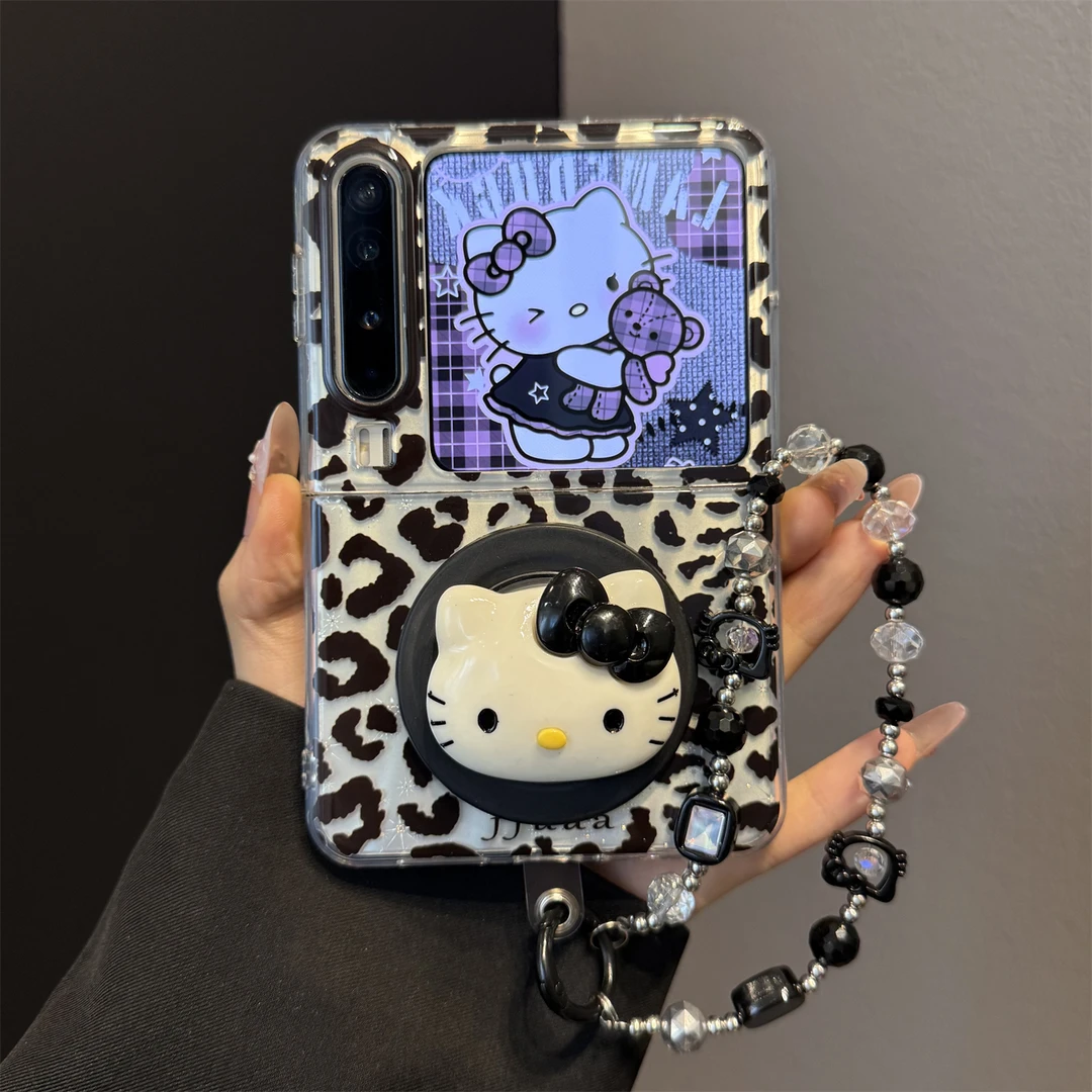 适用华为purax典藏版折叠屏手机壳PuraX黑色豹纹kt猫磁吸支架链条