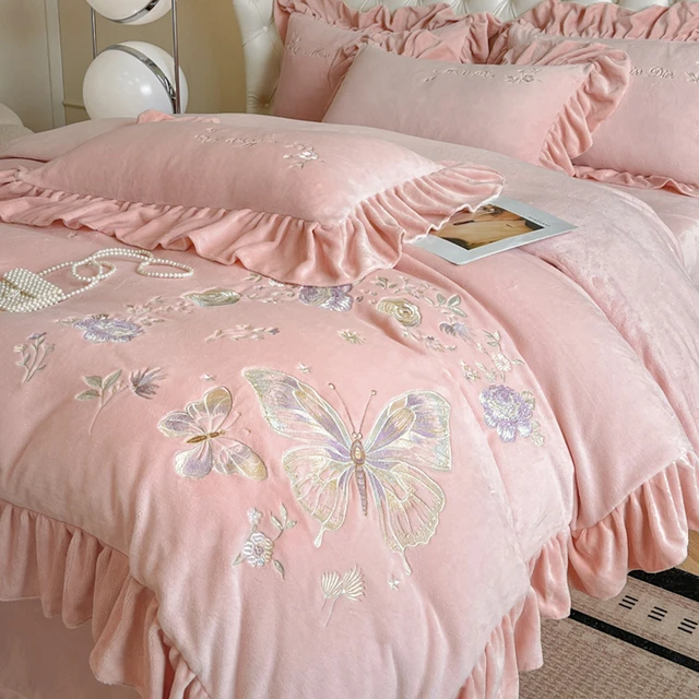 韩版绣花牛奶绒四件套冬季加厚法兰珊瑚绒花边被套公主风2025新款
