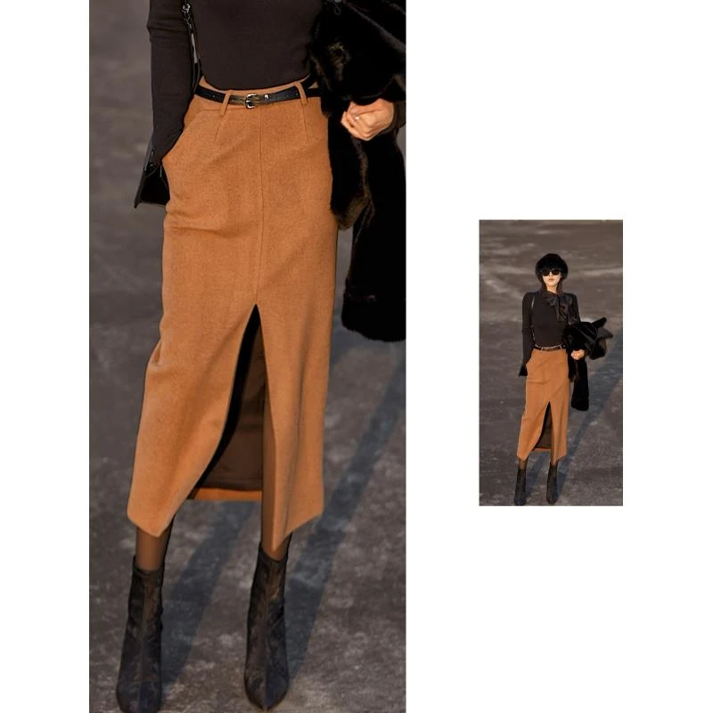 智嫣女装 原创复古 休闲显瘦气质开叉天丝羊毛 半身长裙 z074