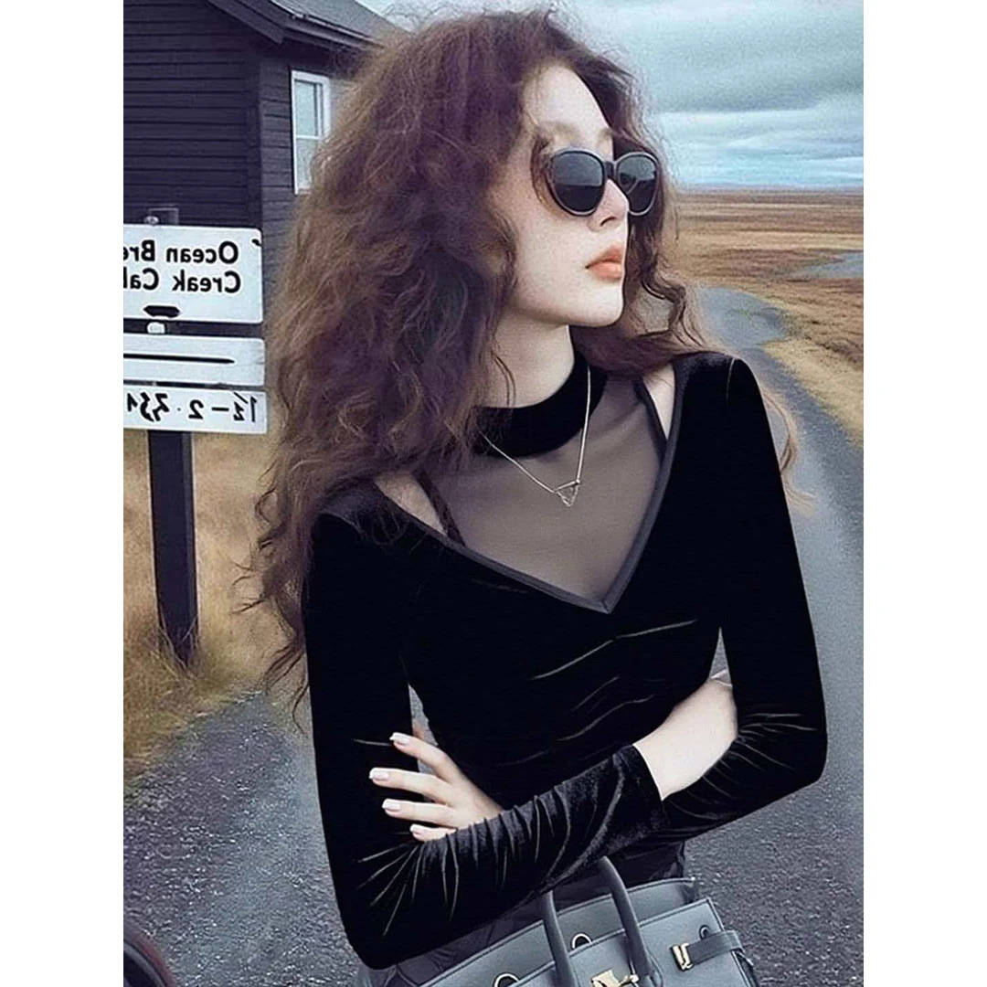 新款时尚洋气百搭女装减龄洋气独特超好看法式网纱拼接丝绒上衣