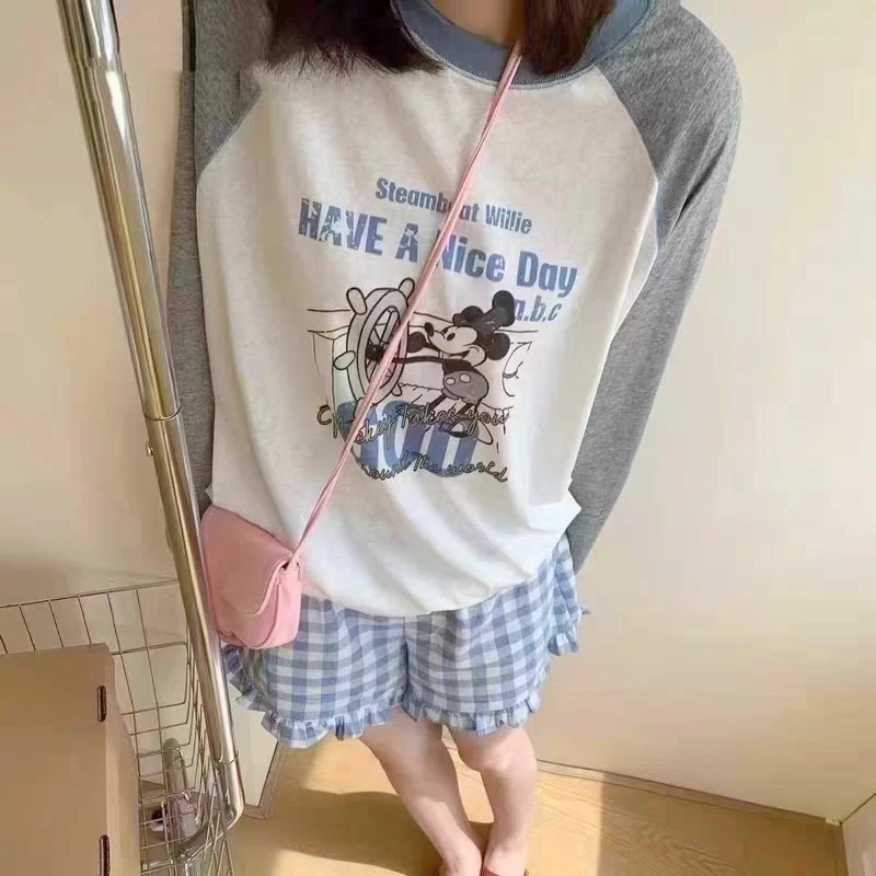韩国女装ins卡通无感印花夏薄款雪花棉长袖T恤插肩袖宽松防晒衣