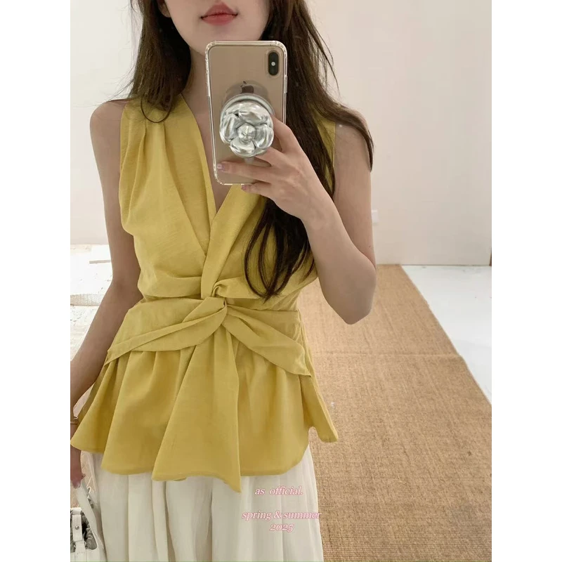 “法式风情“设计感扭结收腰无袖背心春夏純欲感单穿小