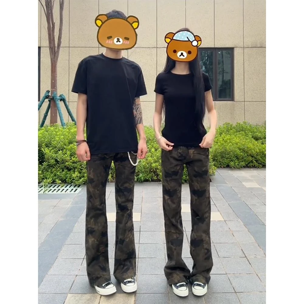 美式微喇迷彩裤男夏季薄款显腿长高街裤子情侣高裆修身显瘦牛仔裤