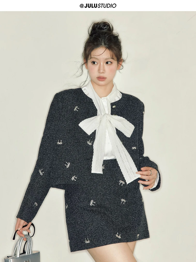 40 重磅羊毛编织蝴蝶结刺绣小香风面料3米价 复合衬