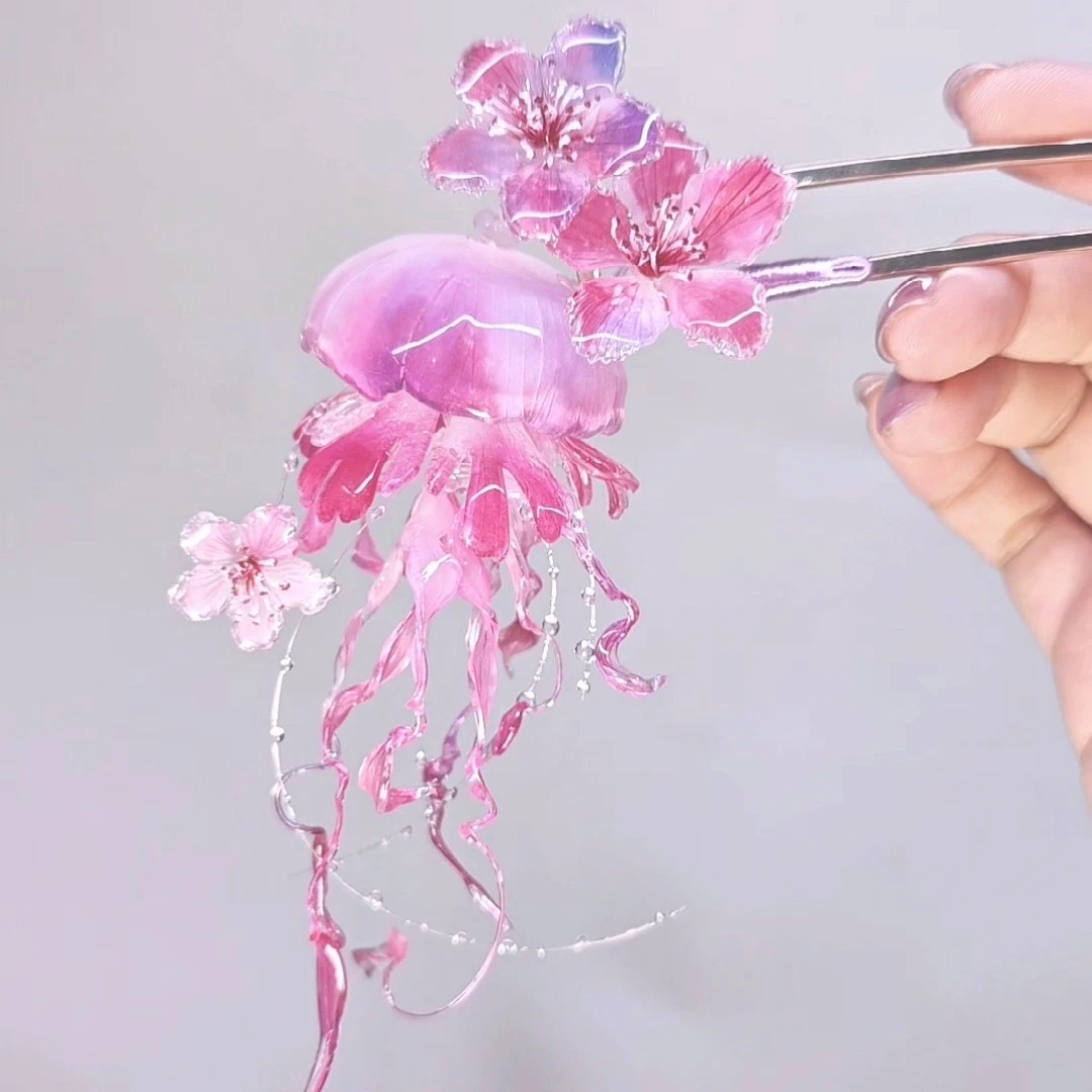 桃花水母发簪 原创设计手工制作汉服配饰国潮新中式盘发簪花百搭