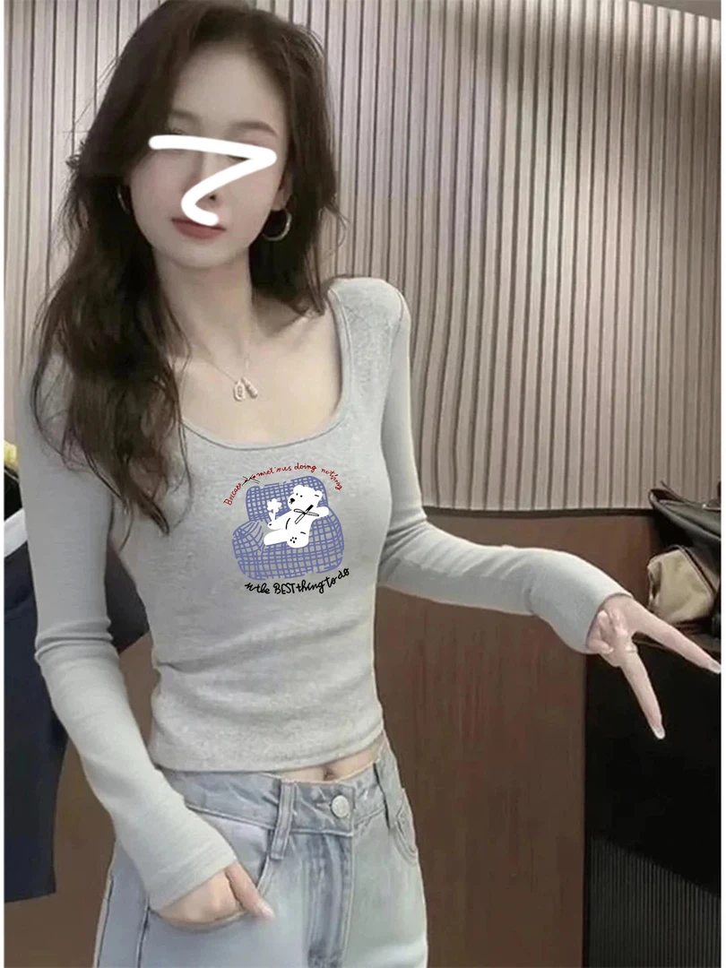 甜辣风早秋短款上衣韩系新款显瘦长袖打底女款纯欲学院风透气T恤