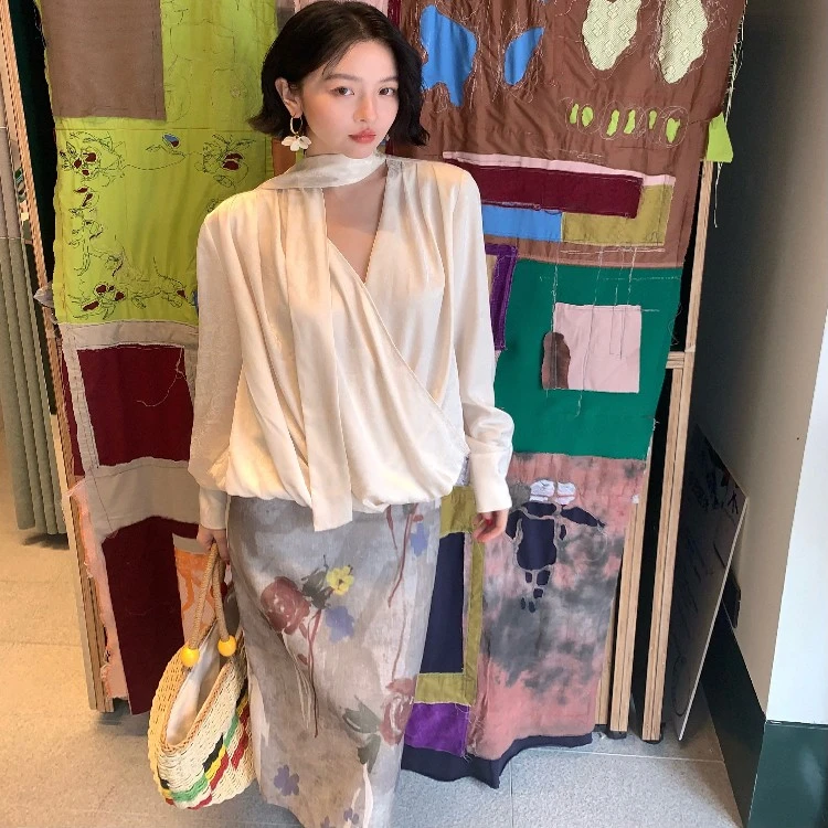 酒午自制 法式复古直筒印花油画裙显瘦半裙KLF4040