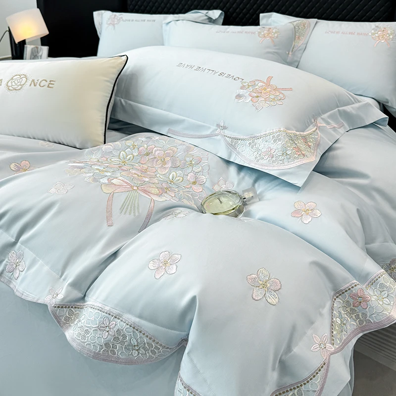 轻奢风高端A类长绒棉四件套纯棉刺绣被套全棉床单高级感床上用品