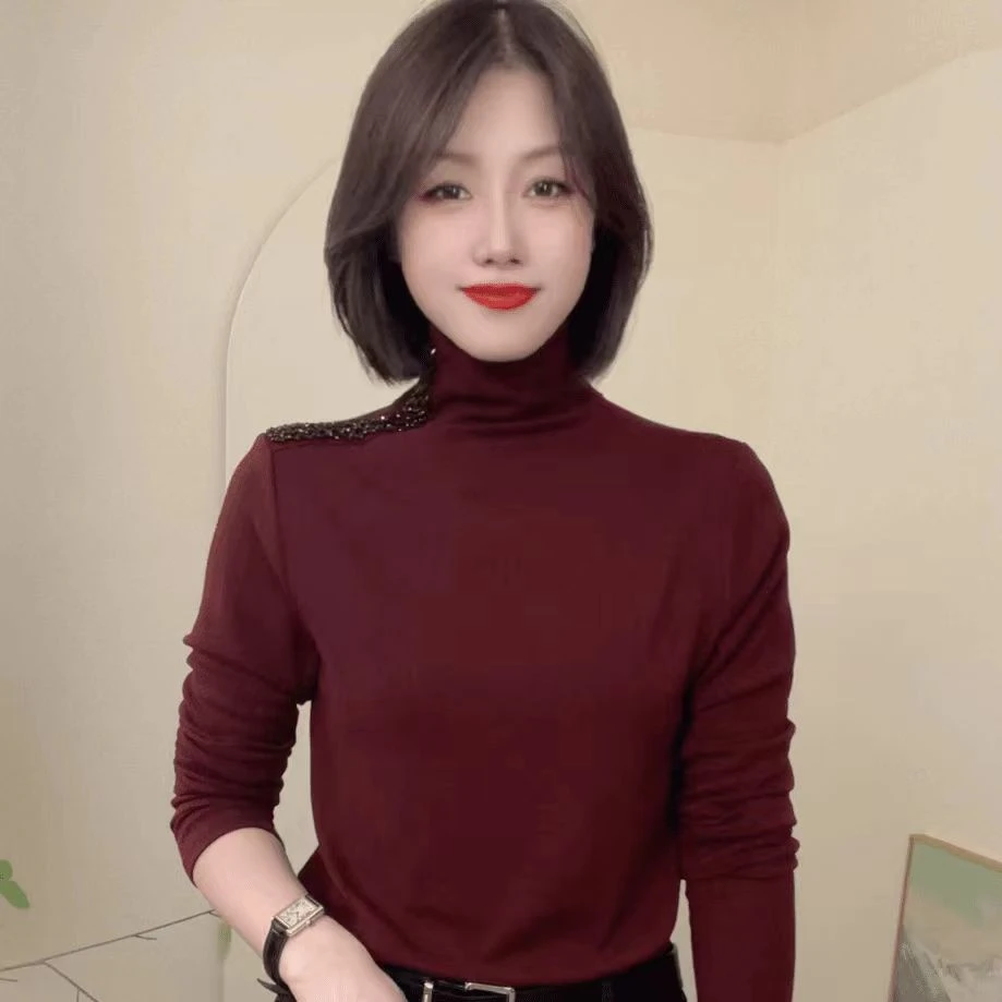 2025秋季新款洋气钉珠半高领长袖T恤女休闲纯色打底衫内搭上衣服