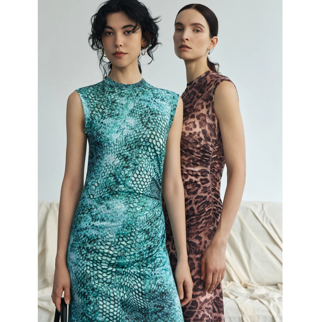 Z老板 野奢印染 无袖连衣裙女夏季小众设计修身显瘦褶皱印花长裙