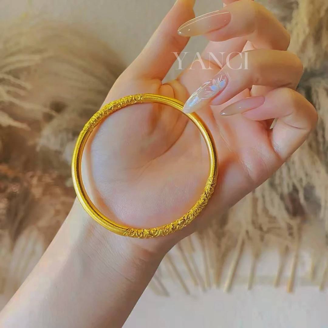 【YANCI】镀K金 中式卷草纹手镯精工版金色雕刻手环#5N