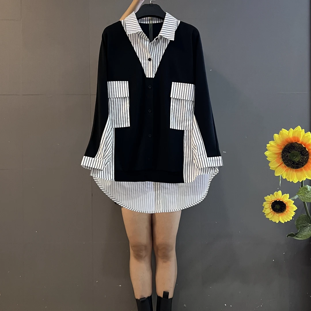 大码女装宽松显瘦中长款条纹衬衫时尚洋气遮肉薄款上衣