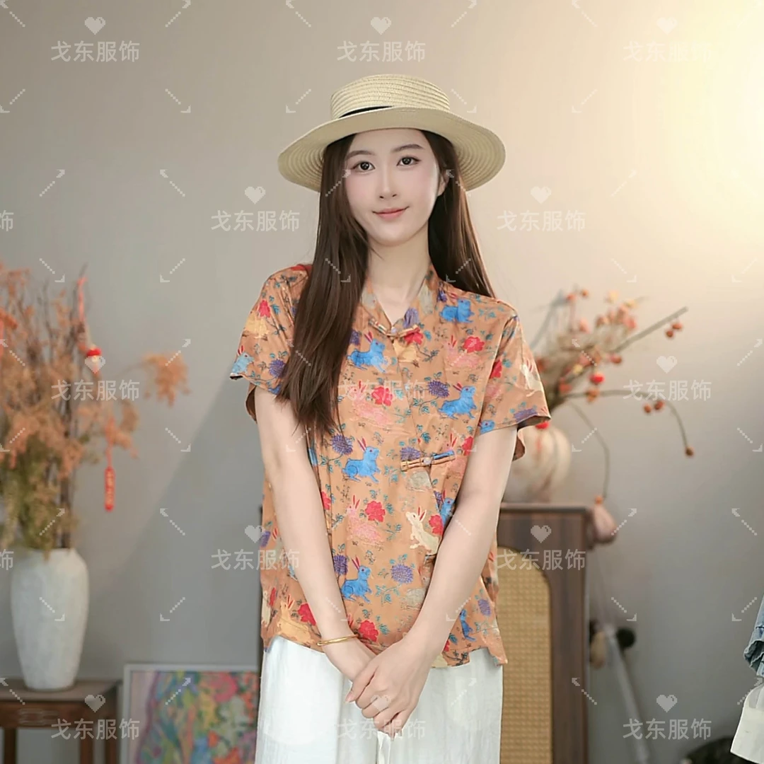 中式碎花百搭上衣宽松常规款短袖印染斜襟夏季薄款9101