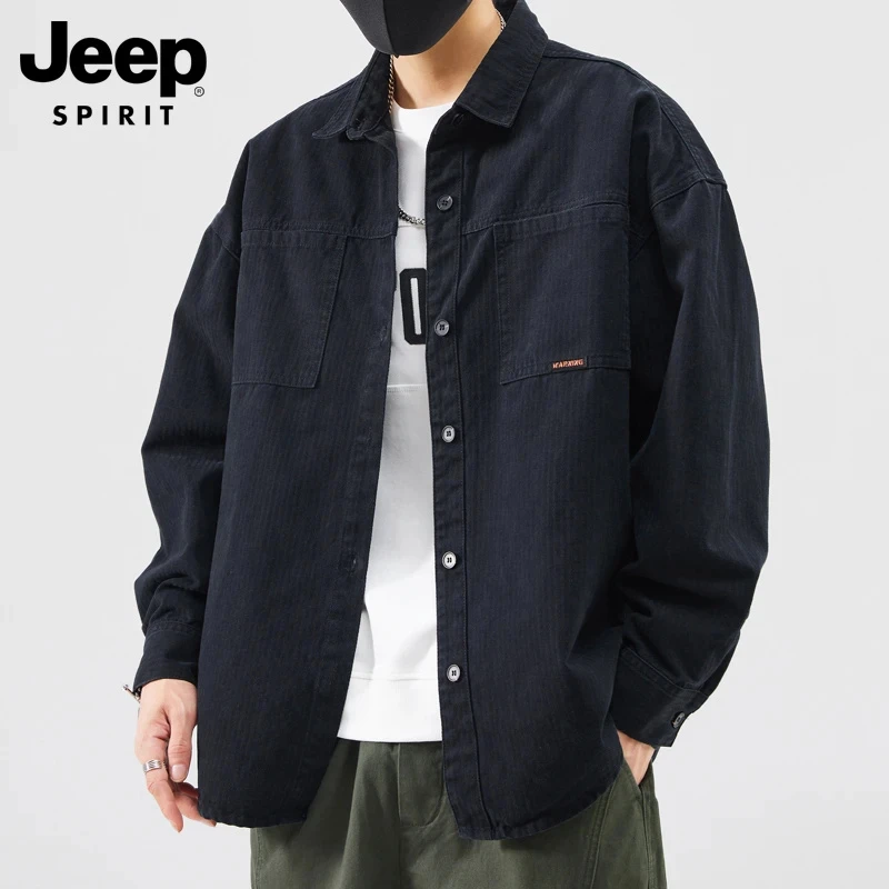 JEEPSPIRIT吉普男士牛仔衬衫男款春秋潮牌工装外套纯棉长袖衬衣男