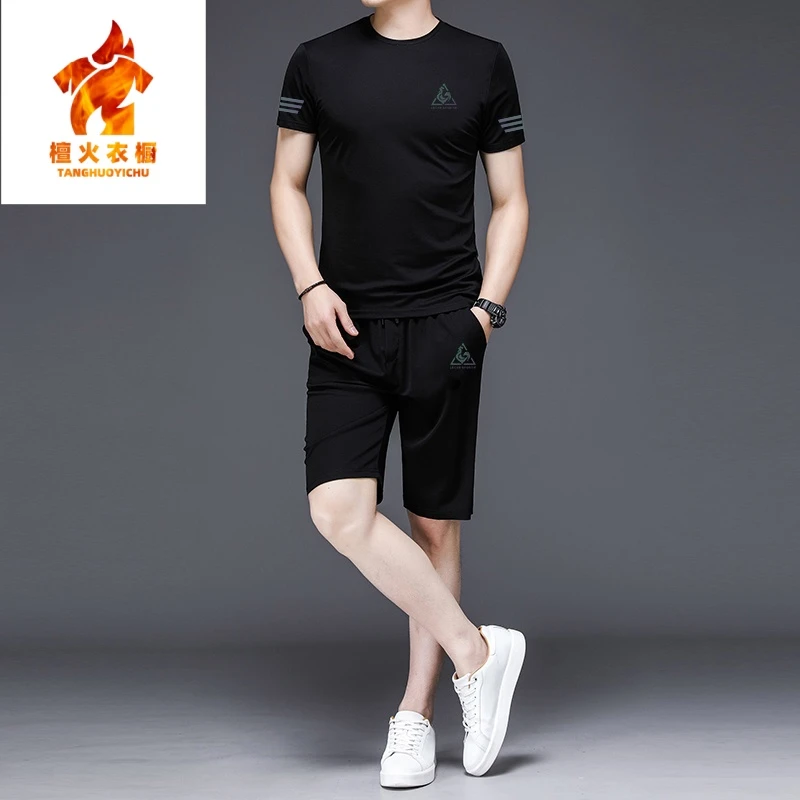 公鸡男装男款夏季冰丝休闲运动套装男大码透气速干短袖短裤衣服