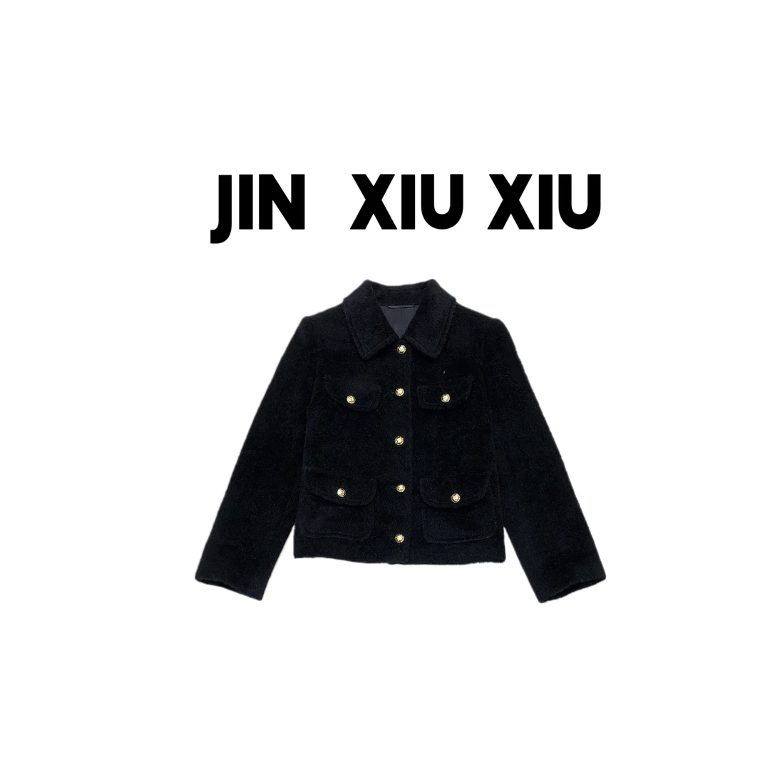 JINXIUXIU【苏力羊驼毛】秋冬新款小金扣小香风设计气质毛呢外套367