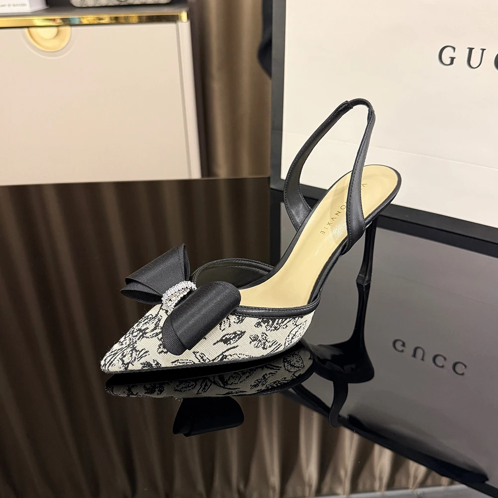 【甘师傅匠心之作】黑色夏季蝴蝶结细跟女尖头性感气质名媛高跟鞋