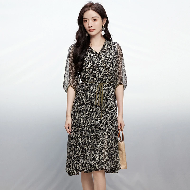 53HH0A0041雅致碎花中长裙连衣裙专柜折扣女装2025秋
