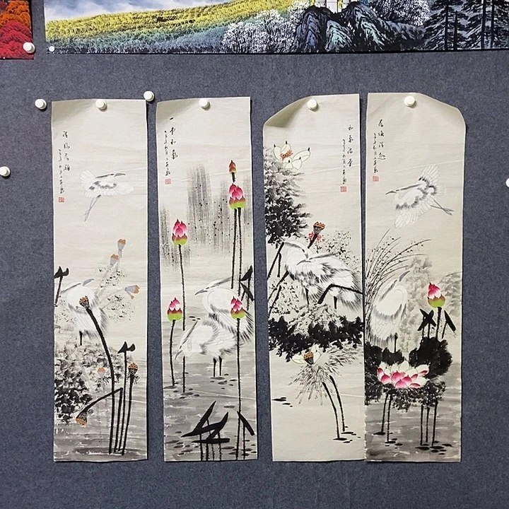 国画四条屏花鸟一副