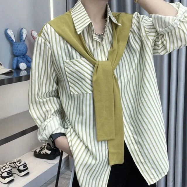 秋装披肩条纹长袖衬衫女上衣假两件设计感小众时尚洋气衬衣潮